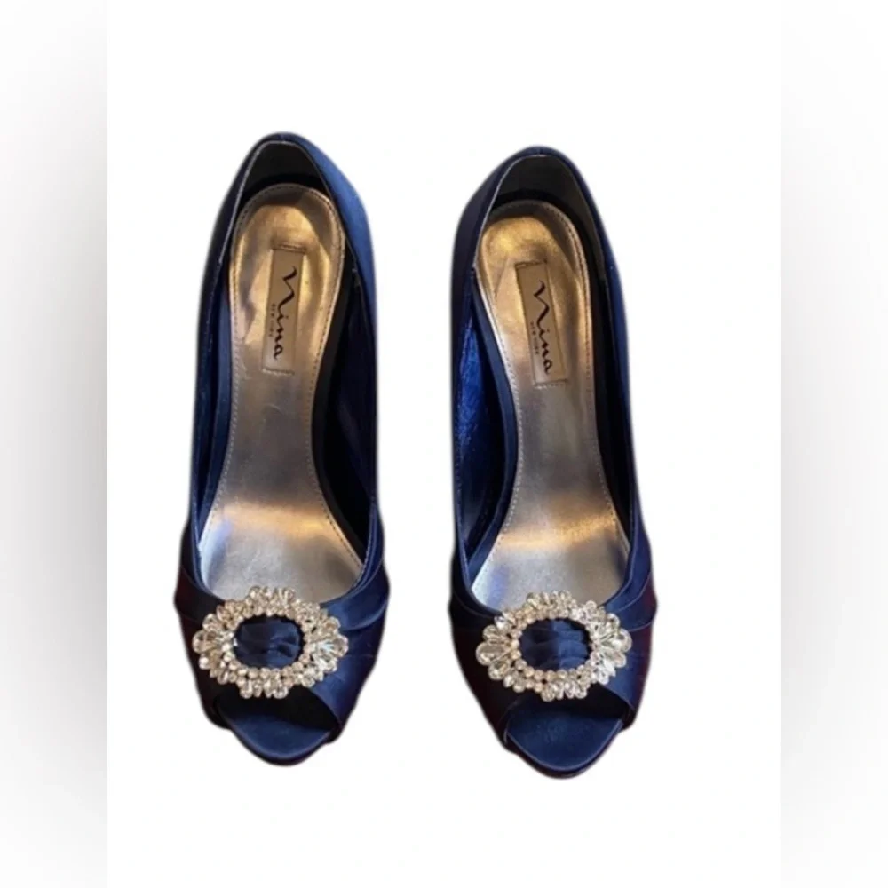Nina Midnight Blue Satin Peep Toe Heels